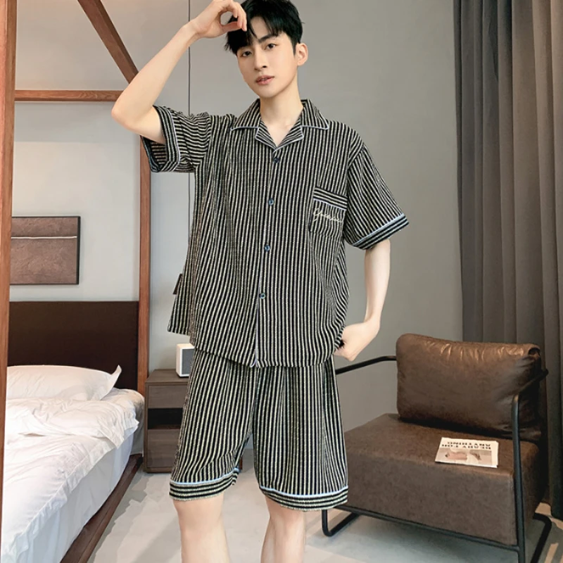 3XL Big Size Male Pajamas for Men Cotton Breathable Men's Pajama Sets Summer Casual Stripe Short Sleeve Pijama Sleepwear Pjs