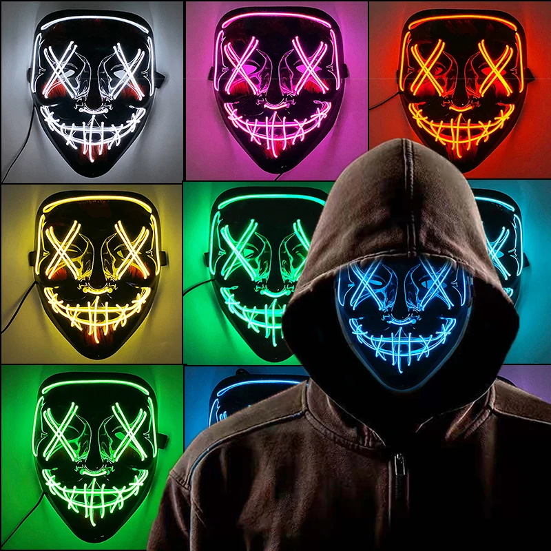 Cosplay EL Neon Mask Halloween Neon Led Purge Mask Masque Masquerade Party Masks LED Light Glowing Horror Mask Glow in the Dark