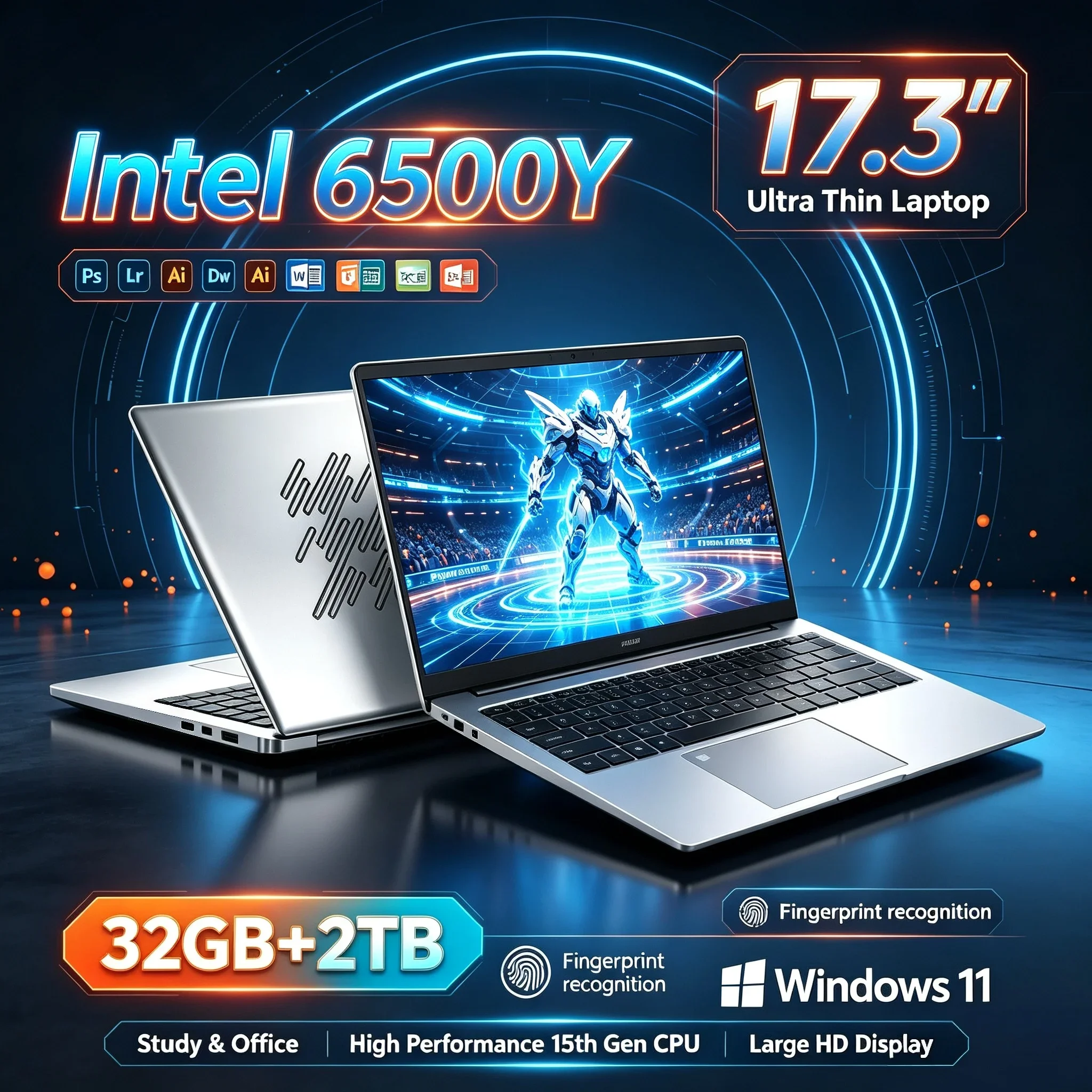 New 17.3'' Inch Big Screen HD Laptop Intel 6500Y 32GB RAM 2TB SSD Win11 WiFi6 Bluetooth 5.2 Portable Notebook For Study Office