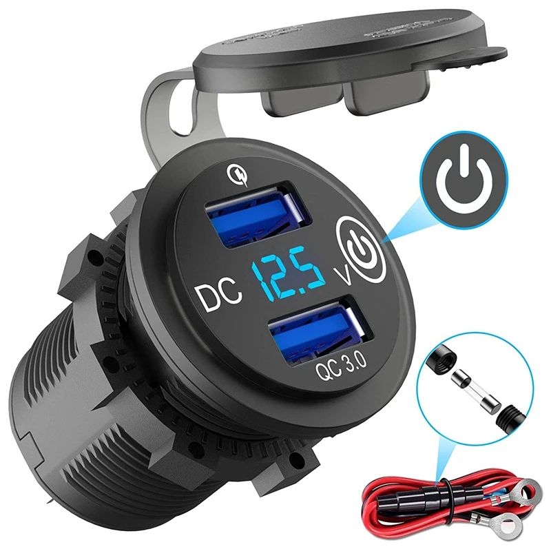 12V USB Outlet, Quick Charge 3.0 Dual USB Car Charger With Contact Switch And Voltmeter For 12V/24V Motorcycle Car Truck