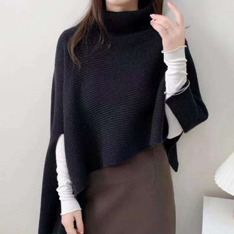 Winter New Irregular Vintage Turtleneck Knitted Cape Pullover Women Casual Knitwear Solid Basic Elegant Top Cloak Sweater