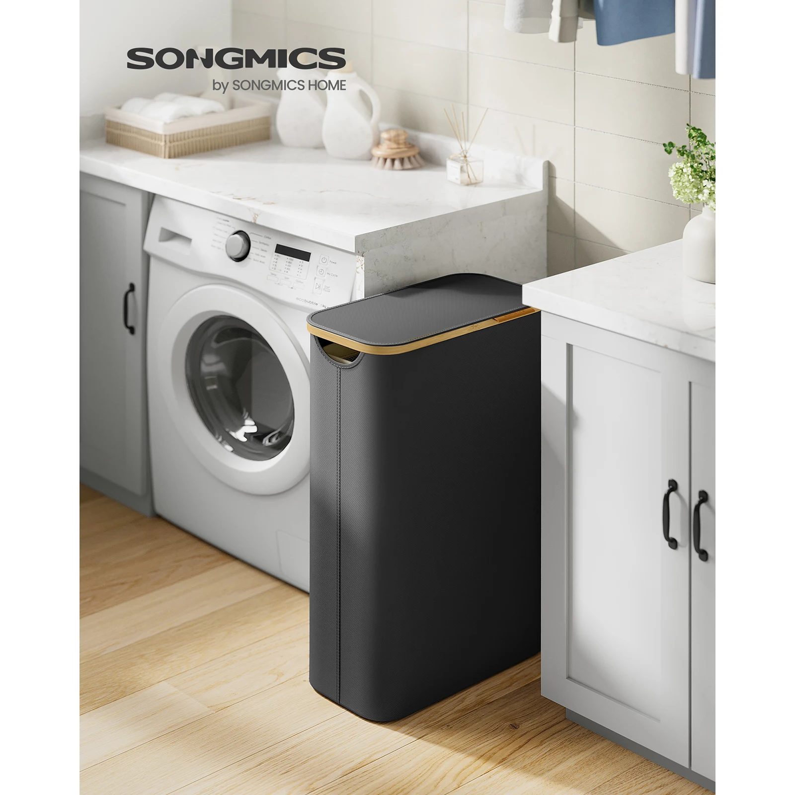 SONGMICS Cesto de Ropa Sucia con Tapa, Cesta Ropa Sucia Delgada, 65 L, Ahorra Espacio, Forro de Malla Extraíble, Tejido Oxford, Asas Bambú, Plegable, 42 x 22,5 x 70,5 cm, Gris Paloma/Marrón Camello