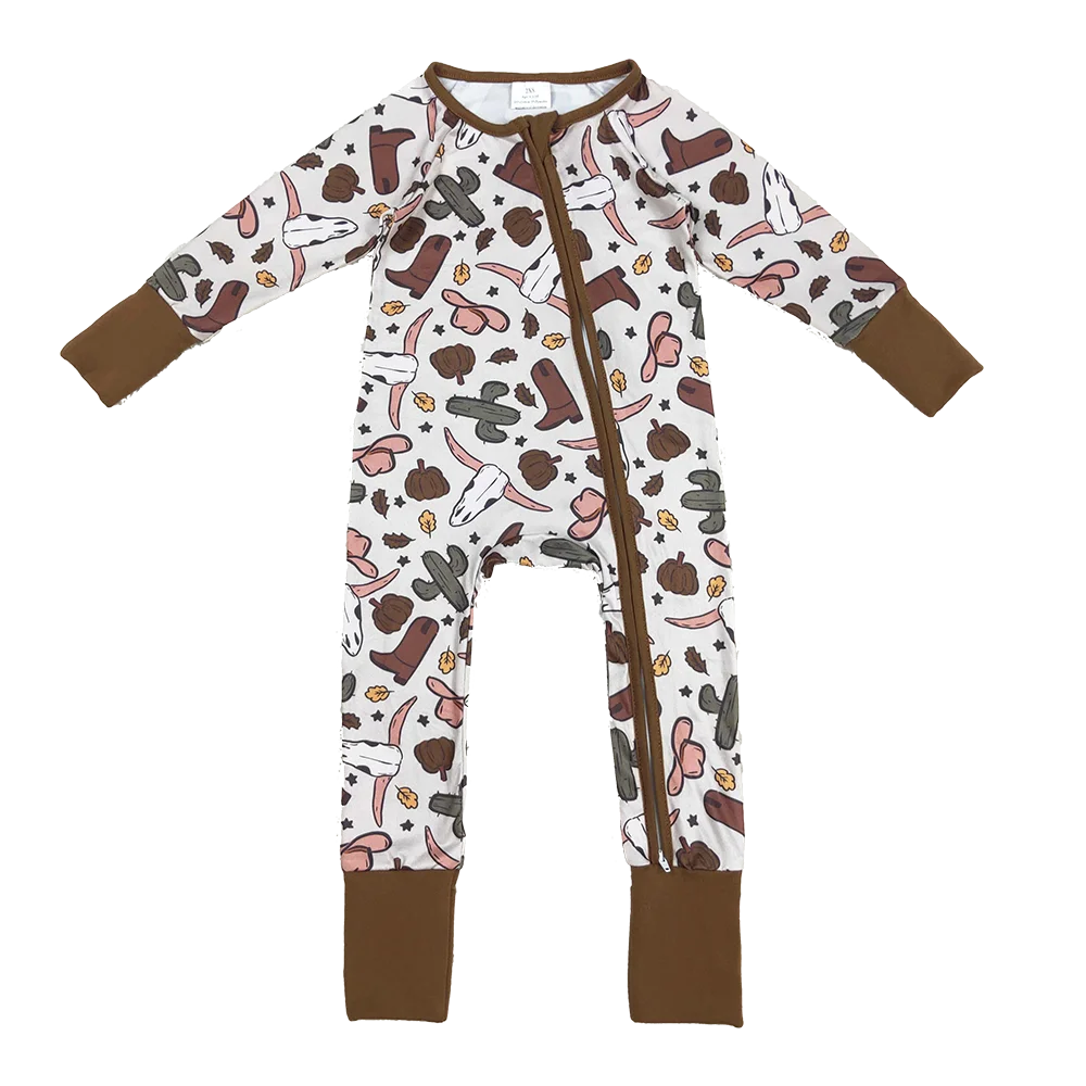 

9.17 Wholesale western boutique onesies Newborn toddler Baby Boys Western Brown Long Sleeves Bull Skull Cactus Zipper Rompers