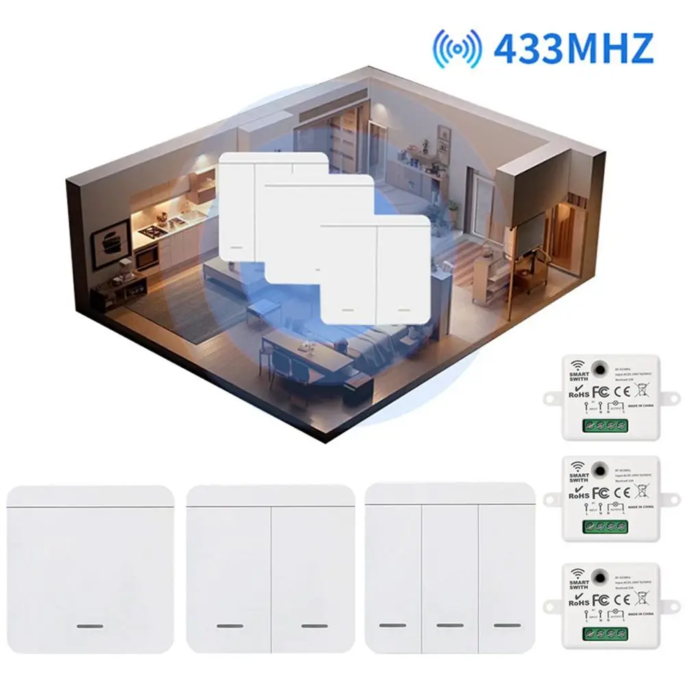 1/2/3 Gang Wireless Remote Control Switch 433MHZ Push Button Wireless Switch ON/OFF Switch Wall Panel LED Light Switch