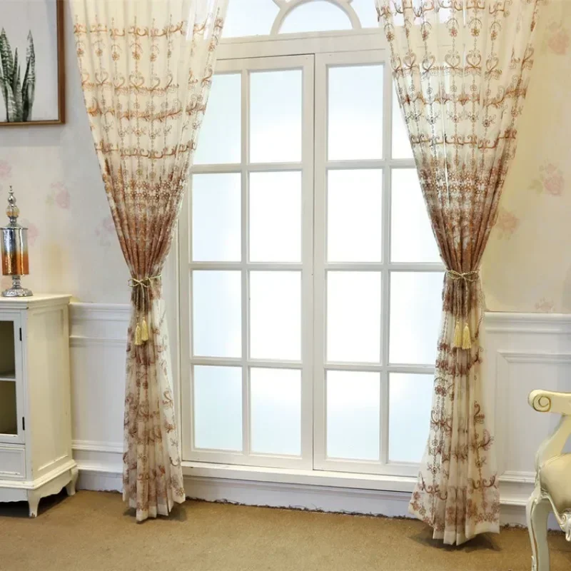 

Fabric Curtains Coffee Color New Door Windows Tulle European Embroidered Flower Curtain for Living Dining Room Bedroom