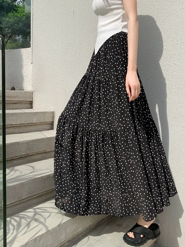 

Летняя женская юбка миди А-силуэта с высокой талией, шифоновая, в горошек, свободного кроя, в корейском стиле, для повседневной носки, с плиссировкой