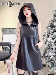 Spring Summer New Women Hooded Sleeveless Dress Casual Pockets Sheepskin Genuine Leather Mini Dress A Line Casual Tank Sundress