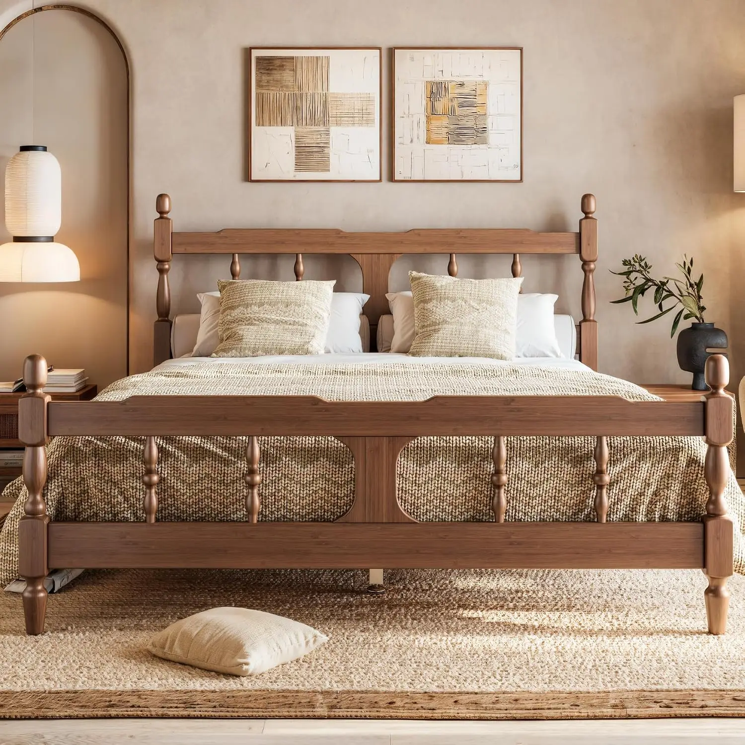 Queen Size Spindle Bed Frame With Headboard And Footboard, Solid Wood Vintage Platform Bed, No Box Spring Needed,, Customized