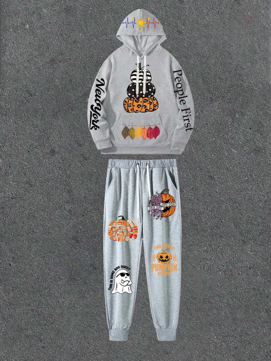 

Gray Double-sided Printed Hoodie Paired With Printed Casual Pants Loose Hoodie Street Style Outfit With Casual Pants