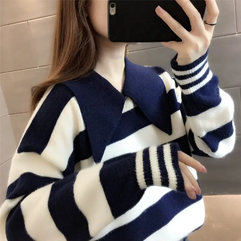 Spring and Autumn Fashion Stripe Lapel Women's Sweater 2024 Autumn/Winter New Loose and Slimming Knitted Sweater