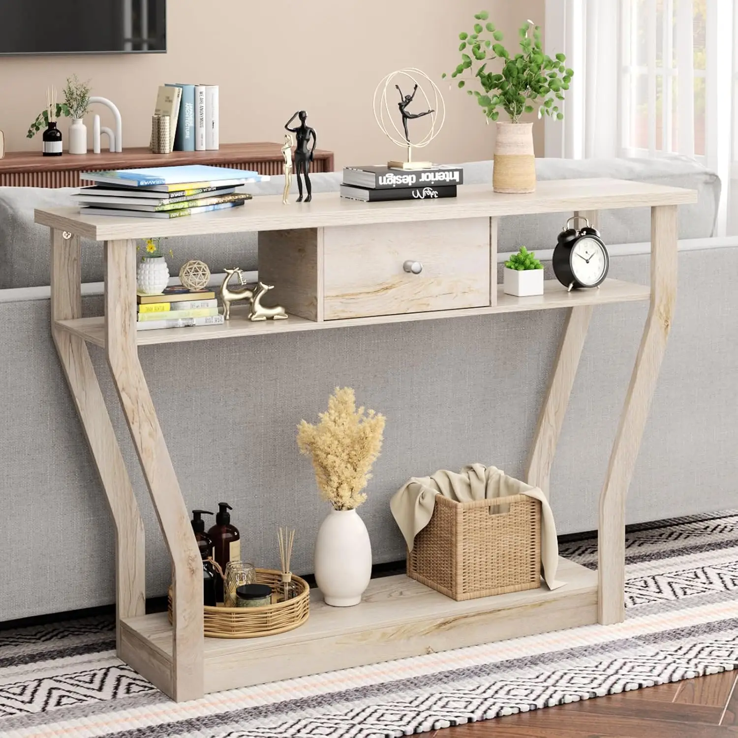 

Narrow 47" Console Table with Drawer, 3-Tier Wooden Accent, Open Shelves, Multi-Purpose Sofa Table