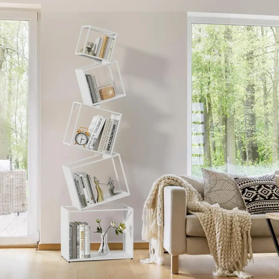 

Geometric Book Shelf 5 Tier, White Metal Bookshelf 67 Inch, Mordern Narrow Bookcase, Skinny Corner Bookshelves for Bedroom, Livi