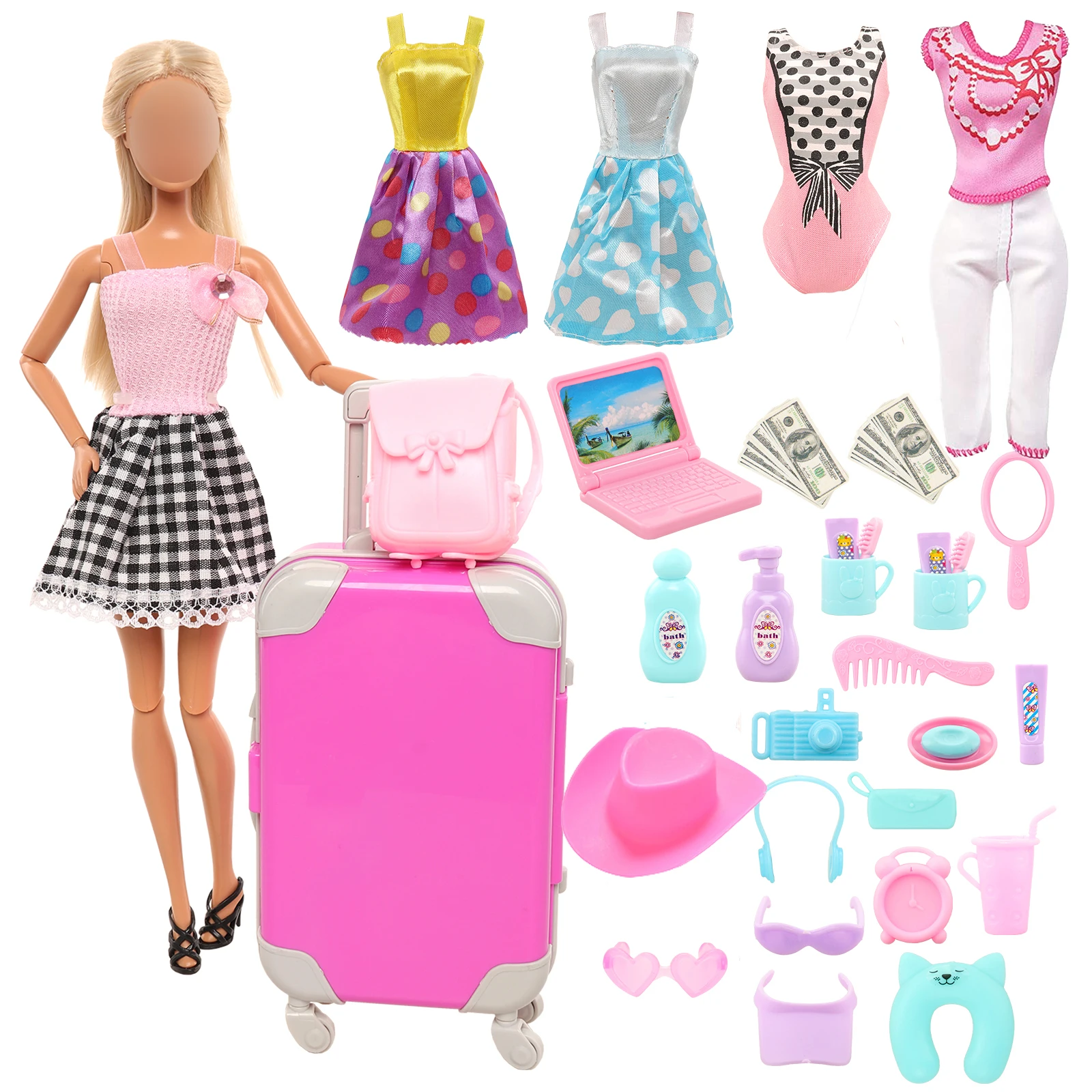 Fashion 32 pcs Dollhouse Furniture 27 Doll Accessories = Suitcase Computer Bubble Sticker Sunglasses 5 Clothes Dress for Barbie