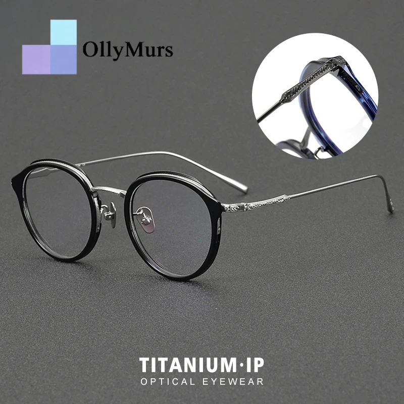 

OLLYMURS Ultralight Round Pure Titanium Acetate Frame Retro Anti Blue Light Myopia Hyperopia Eyewear Can be Customized Prescript