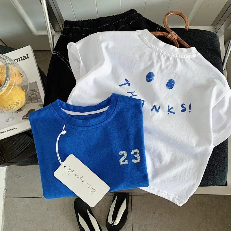 

2026 Summer New Children Short Sleeve T Shirts Cute Cartoon Letter Print Boys Girls Cotton Casual Tee Toddler Tops Kids Clothes