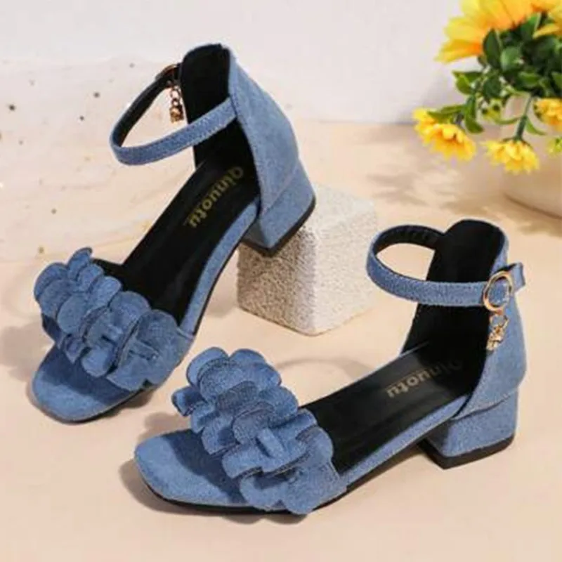 

Детские туфли-сандалии для девочек, замшевые, с цветами, на низком каблуке, для выступлений, модные классические летние, размеры 26-37