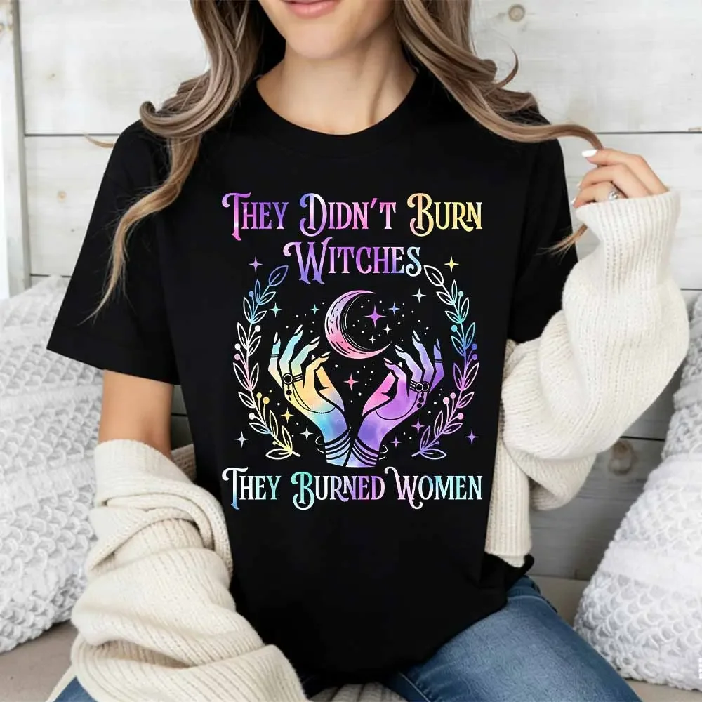 Colorful Witch Hands And Moon Print T Shirt Women Casual Short Sleeve Round Neck Top