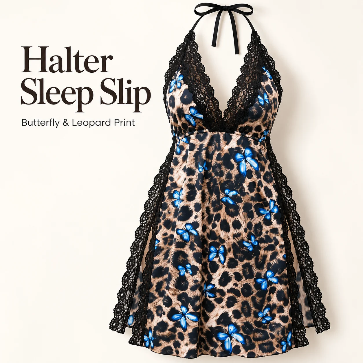 Women Lace Trim Halter Nightgown Leopard and Butterfly Print Deep V Neck Backless Mini Sleep Dress Polyester Elastane