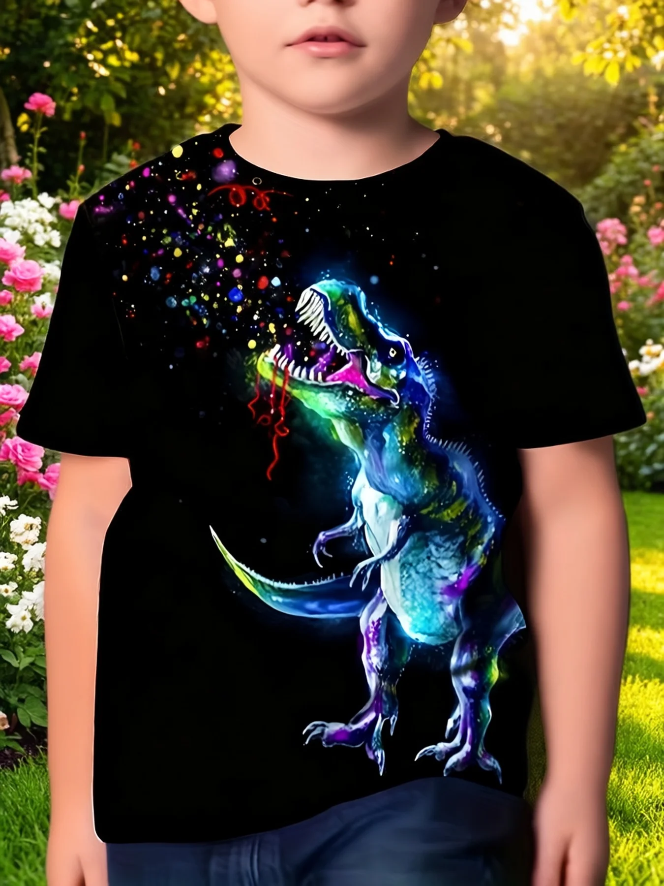 3‑14Y Unisex Kids Quick Dry T‑Shirt, 3D Dinosaur Yellow Polka‑Dot Tail Color‑Block Short Sleeve Street Summer Top
