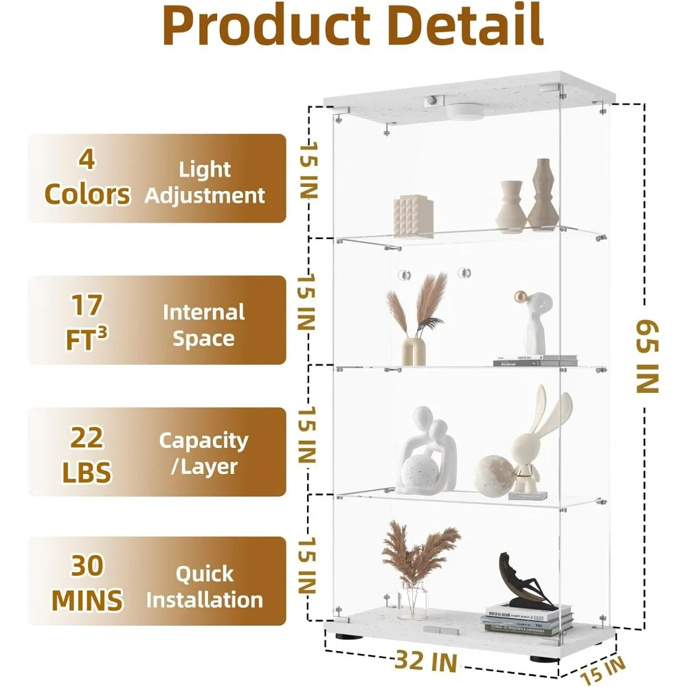 Glass Display Cabinet, 4-Shelf 2 Doors with LED Push Light & Lock, Tempered Glass Curio Display Cabinet Standing Glass Bookshelf