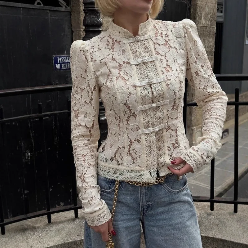 

Luxury Lace Blouse Spring Summer Black White Shirt Long Sleeves Lace Crochet Stand-up Collar Slim Shirt New Office Ladies Top