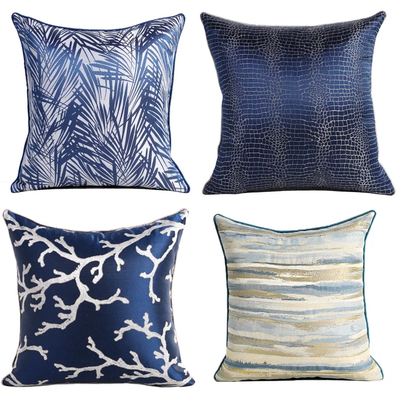 Blue Collection Pillows Abstract Geometric Cushion Case Leaf Jacquard Decorative Pillow Cover For Sofa Chair Home Decorations