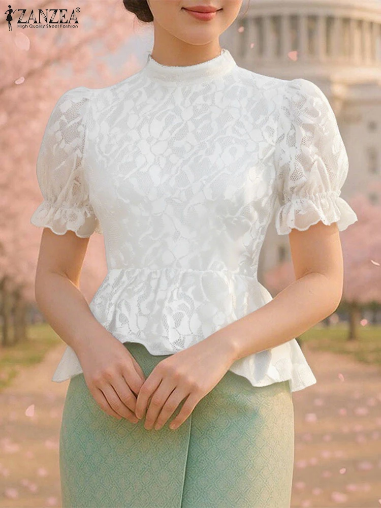 

2025 ZANZEA Elegant Women OL Blouse Summer Tunic Tops Fashion Short Sleeve Floral Lace Shirts Bandage Casual Office Lady Blusas