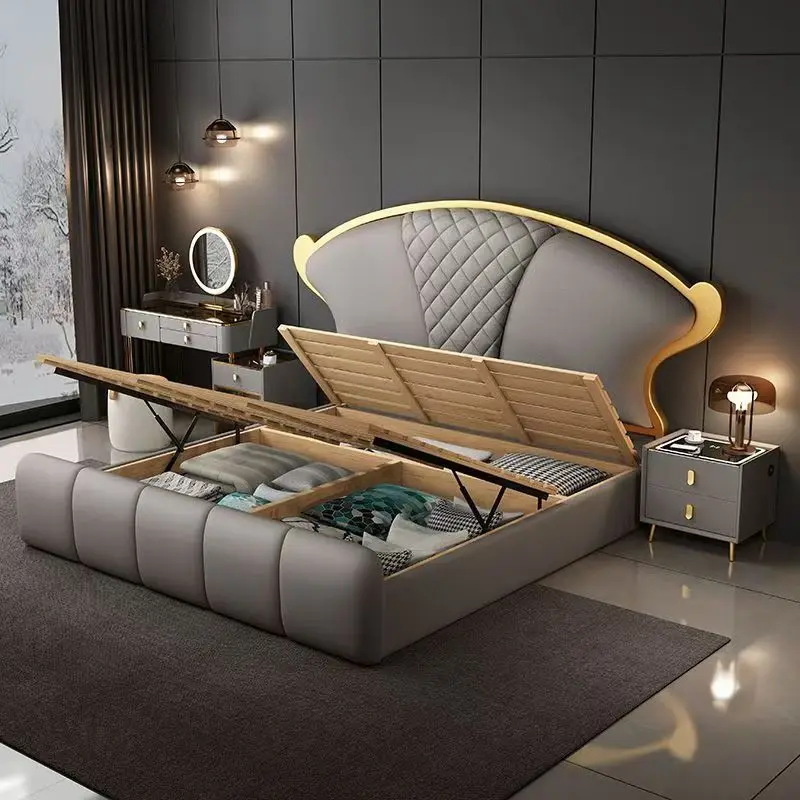 ！@Hotel Design High Quality Extra-large Bedstead Bedroom Furniture High End Luxury Home Furniture Leather Bedroom Bed Sets