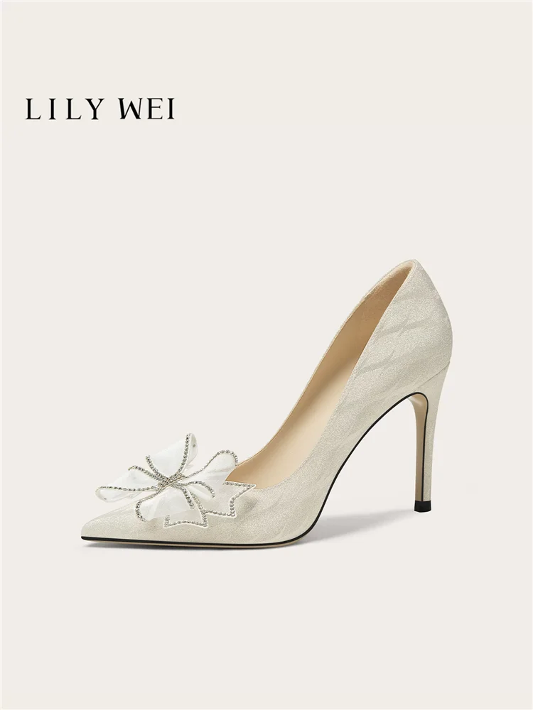 Spring new pointed rhinestone mesh bow high heels wedding shoes banquet large size small size widened version women's shoes