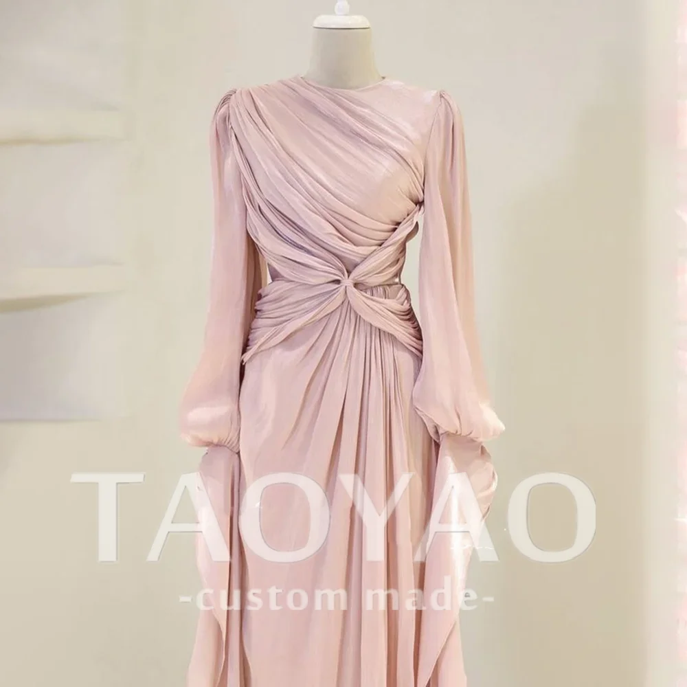 Modest Pink Chiffon Evening Dress Pleats Puff Long Sleeve Floor Length Prom Dresses Ruched A-Line Arabia Party Gowns Customized