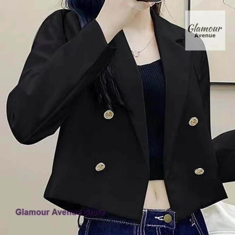 French style double-breasted white suit jacket female spring and autumn solid color short temperament long sleeve short suit.