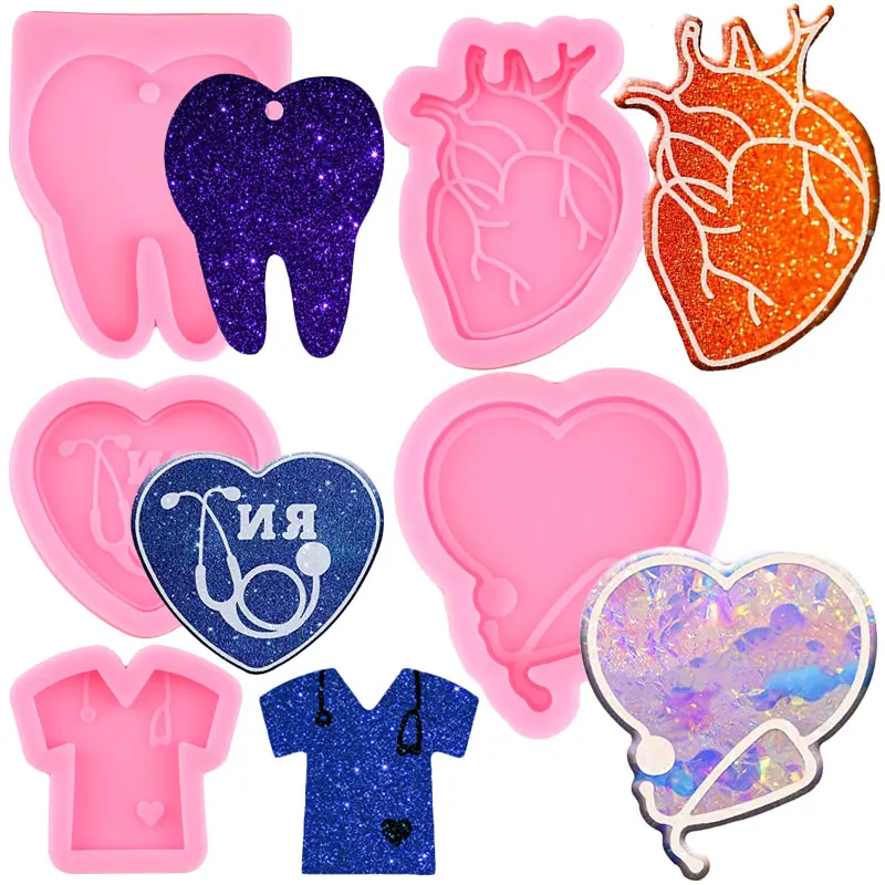 Heart T-Shirt Tooth Badge Reel Silicone Mold Doctor Theme Stethoscope Phone Grip Resin Epoxy Mold Keychain Pendant Jewelry Mould