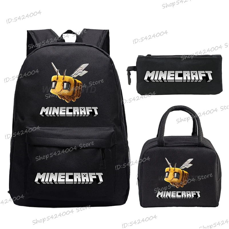 

3Pcs Minecraft Print Backpack Set with Lunch Bag and Pen Case Large Capacity Lightweight and Breathable Outdoor Teen Knapsack