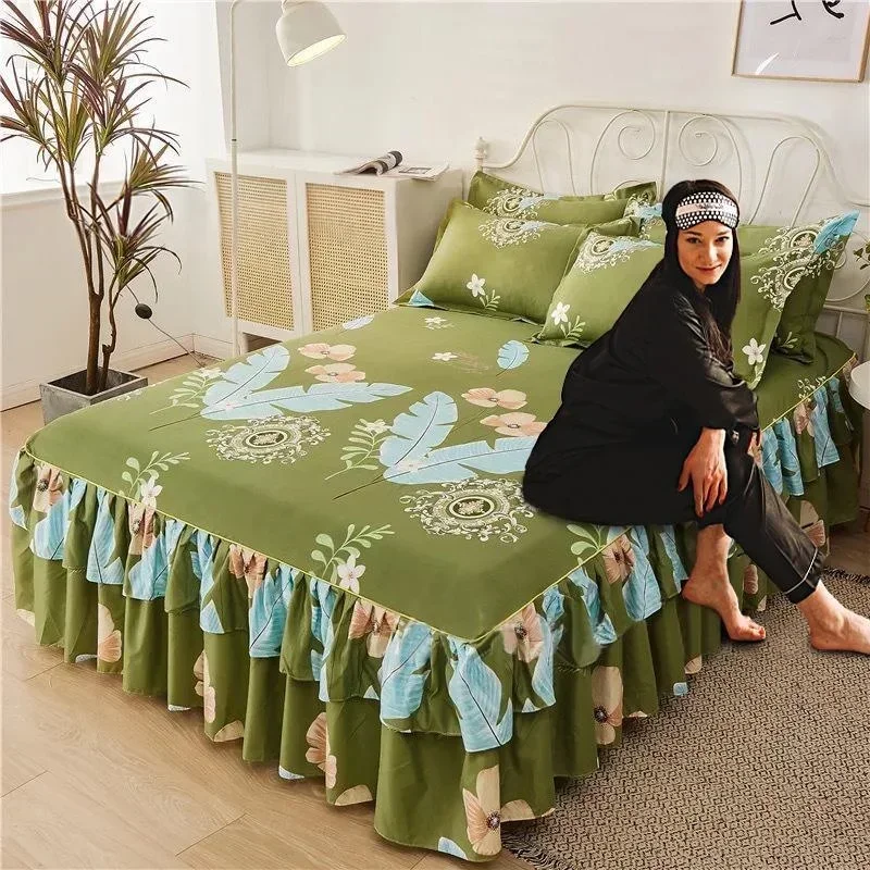 Double Layer Ruffled Bedroom Solid/Flower Pattern Cotton Bed Skirt Coverlets Elastic Tight Dust Cover Bedding