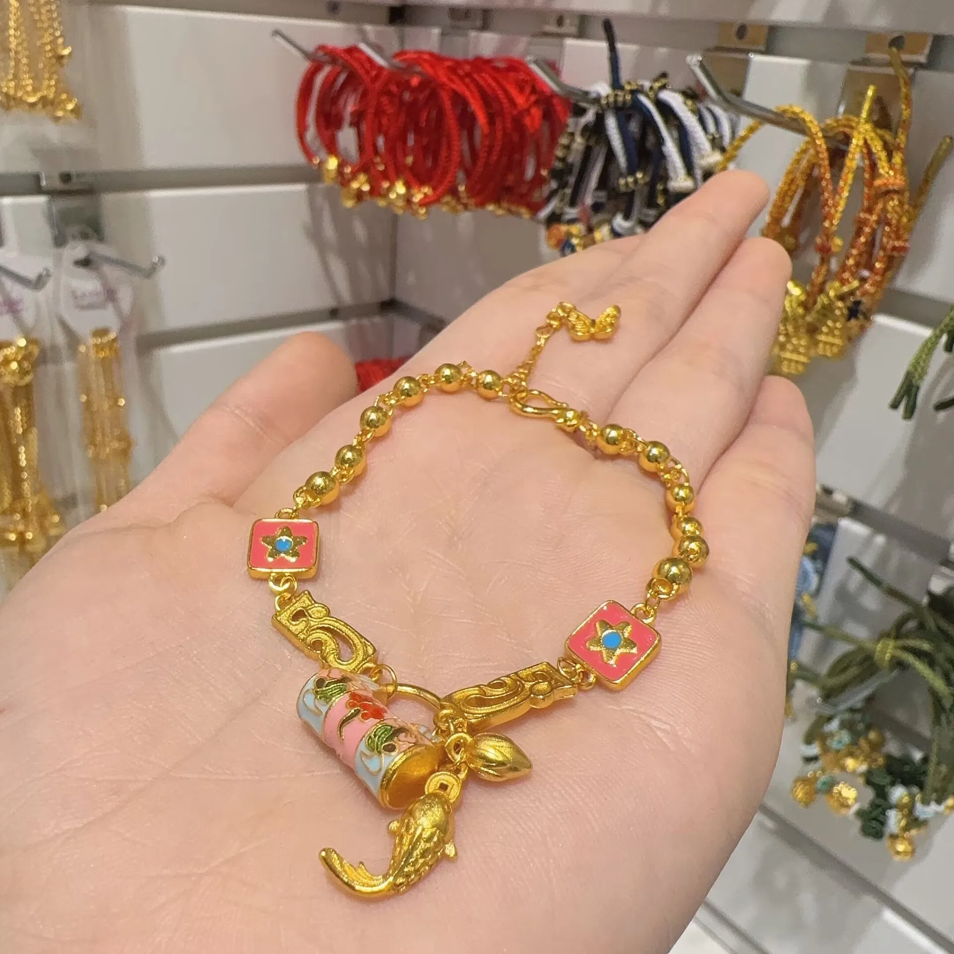

Plated With Real Gold Preservation Sand Gold Burned Blue Enamel Floral Lock Bag Koi Ball New Chinese Style Bracelet Girls Gift