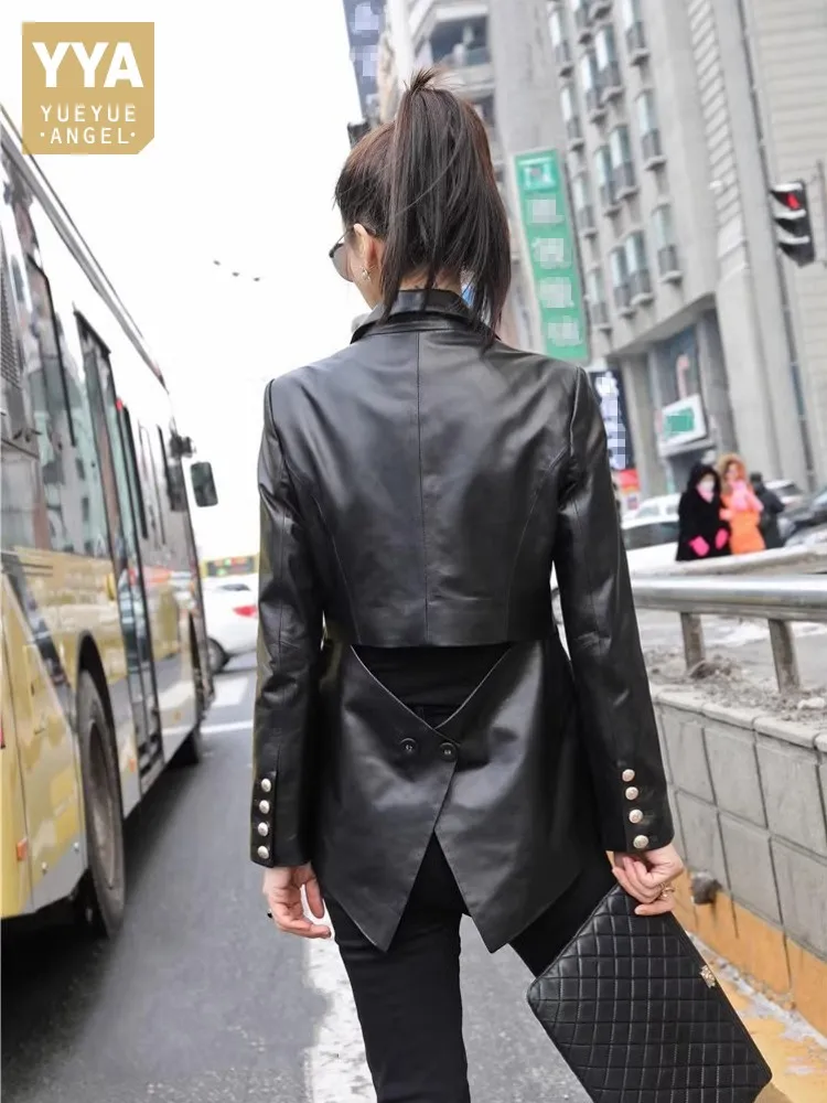 New Designer Office Ladies Back Hollow Out Button Slim Fit Blazer Work Suit Coat Women Natural Sheepskin Genuine Leather Jacket