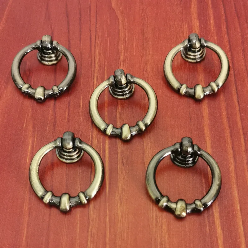 Antique Black Zinc Alloy Ring Pull Handles Vintage Style Drawer Pulls with Installation Hardware for Dresser Wardrobe Decorative