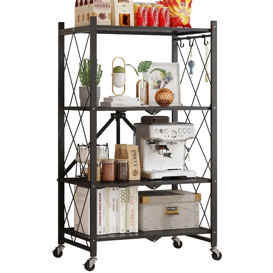 

Foldable 4-Tier Storage Shelf with Wheels for Easy Mobility and Versatile Organization in Home Office or Garage Spaces