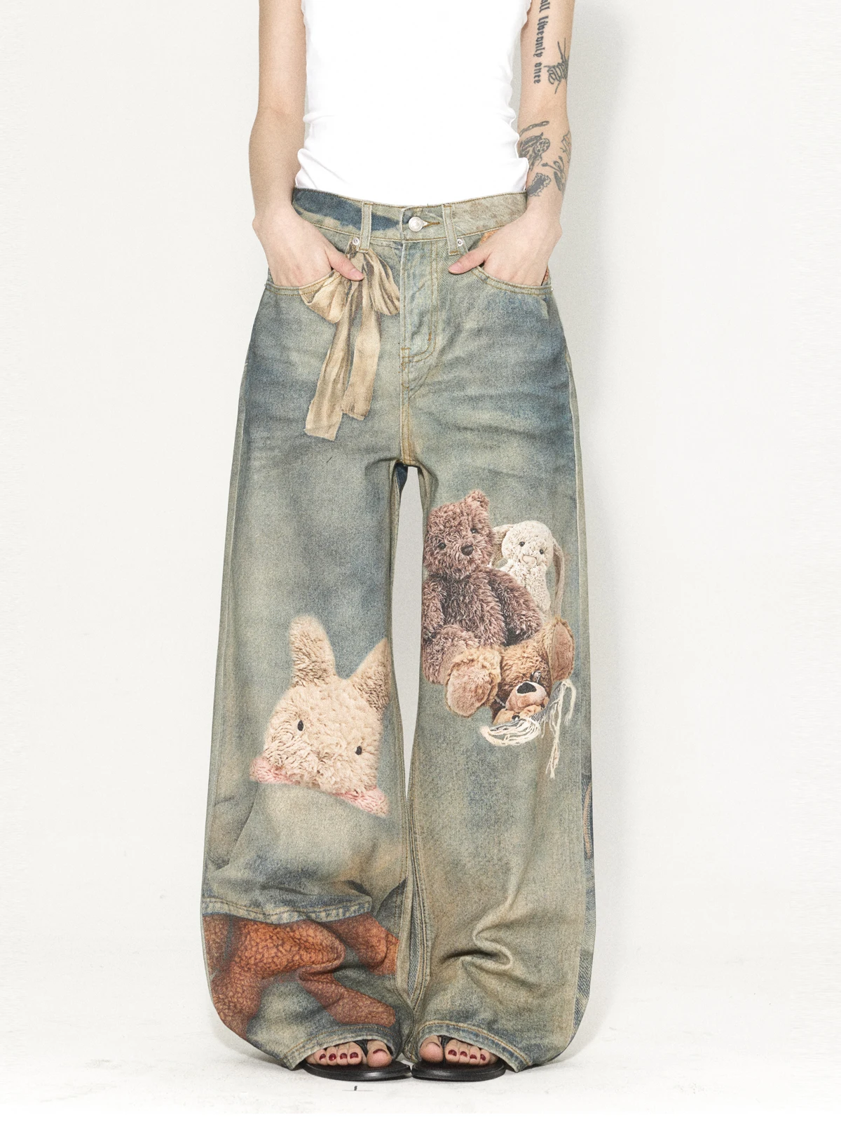 Yeboon American Retro Bear 3D Printed Jeans Loose Wide Leg Long Trousers Men Women 1981M Version Fashionable Casual Cotton Jeans