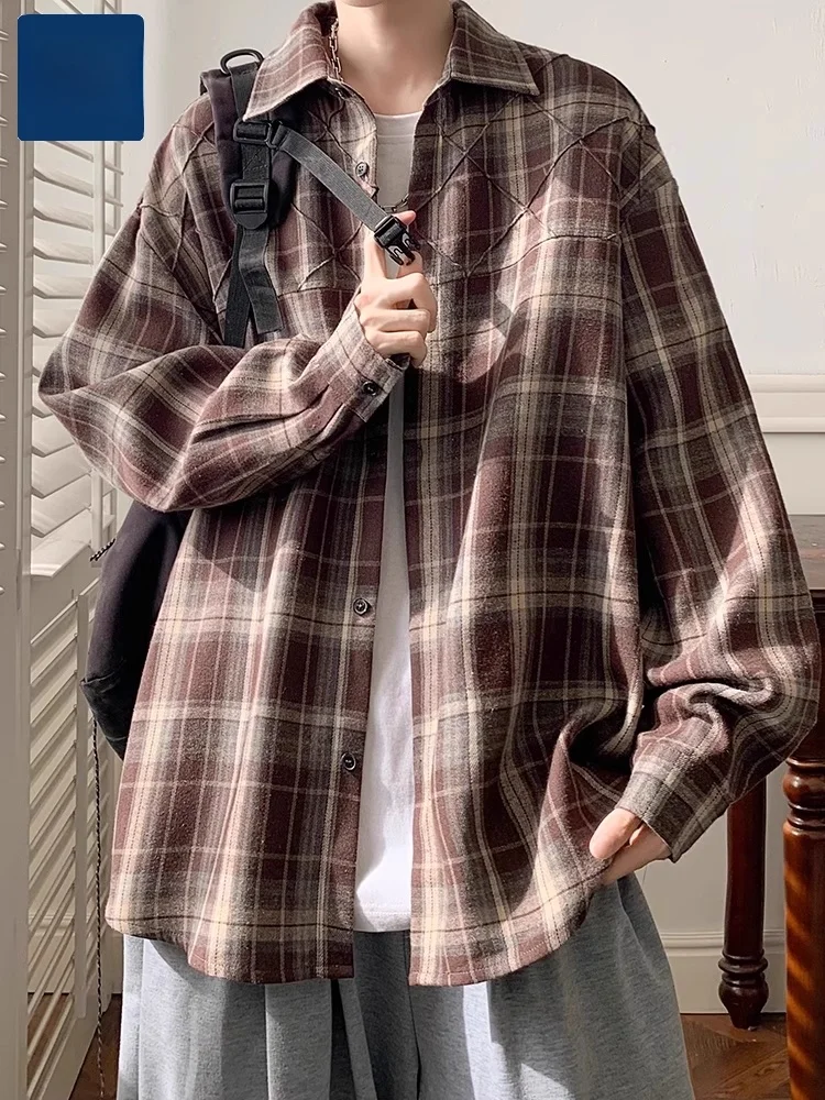 

Мужская рубашка в клетку в стиле ретро с длинным рукавом, весенне-осенний стиль, повседневная свободная молодежная модная рубашка в корейском стиле на пуговицах