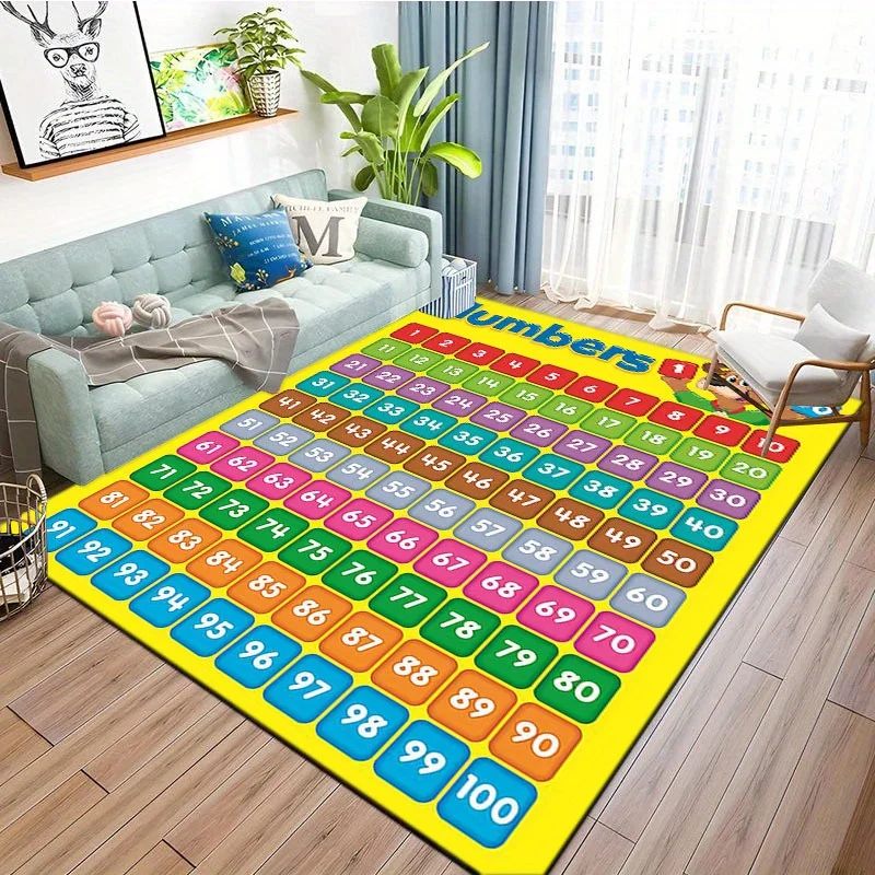 Colorful Numbers 1-100 Crystal Velvet Mat,Durable Polyester Rug for Home Office Kitchen Bathroom Outdoor with Yellow Grid Design