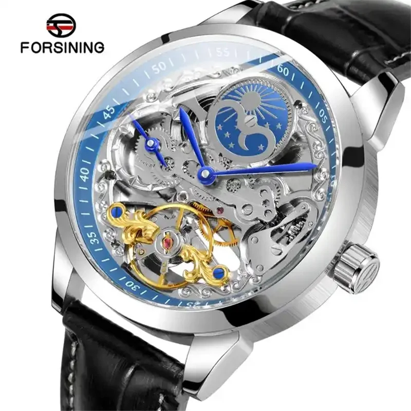 Forsining 355A Luxury Brand Moon Phase Watches Fully Automatic Men Watches Hollowed Mechanical Watches Luxury Reloj Hombre