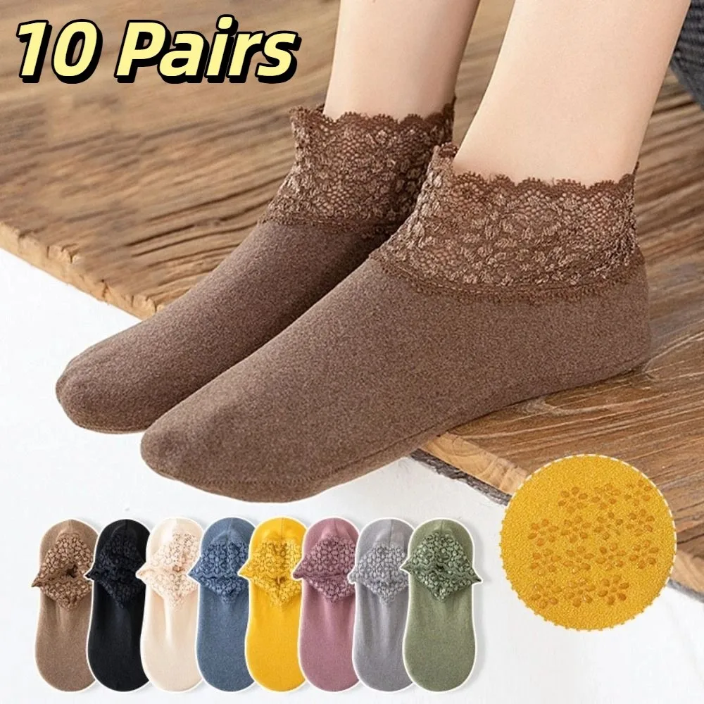 10Pairs Sweet Solid Color Winter Floor Shoes Non-slip Lace Socks Hosiery Thicken Female Warm Socks Women