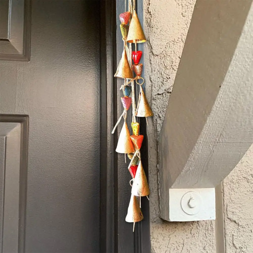 Vintage Wind Chime Bohemian Ceramic Bead Wind Chime Rustic Metal Cow Bell Cluster Outdoor Garden Patio Hanging Jute Rope Wind