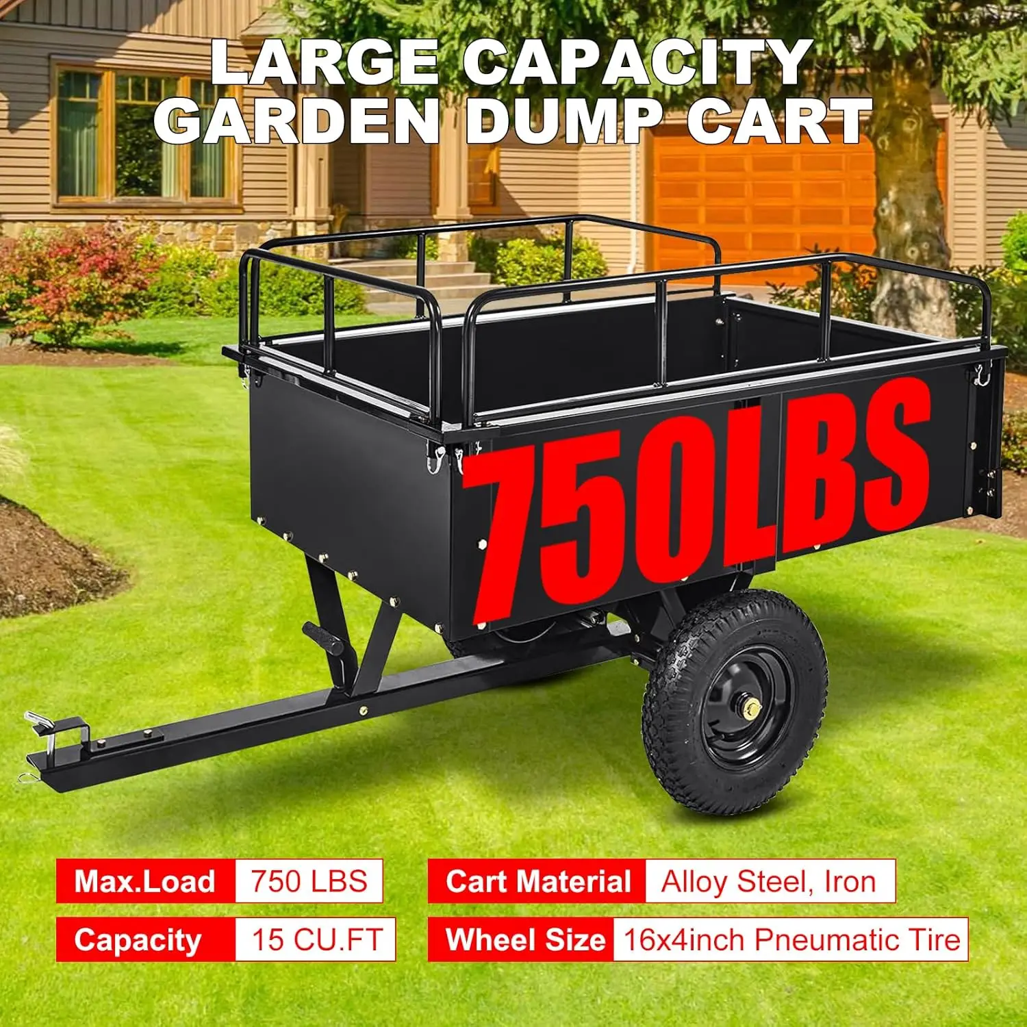 750 lbs Heavy-Duty Steel Dump Cart-15 Cubic Feet Garden Utility Trailer with Removable Sides for ATVs,UTVs,Lawn Mowers and Tract