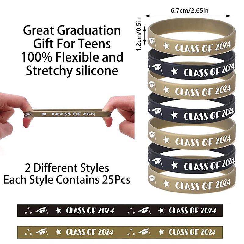 Silicone Pulseira Graduação para Estudantes, Pulseiras de Borracha, Graduando Celebration, Classe de 2024, G, 50pcs