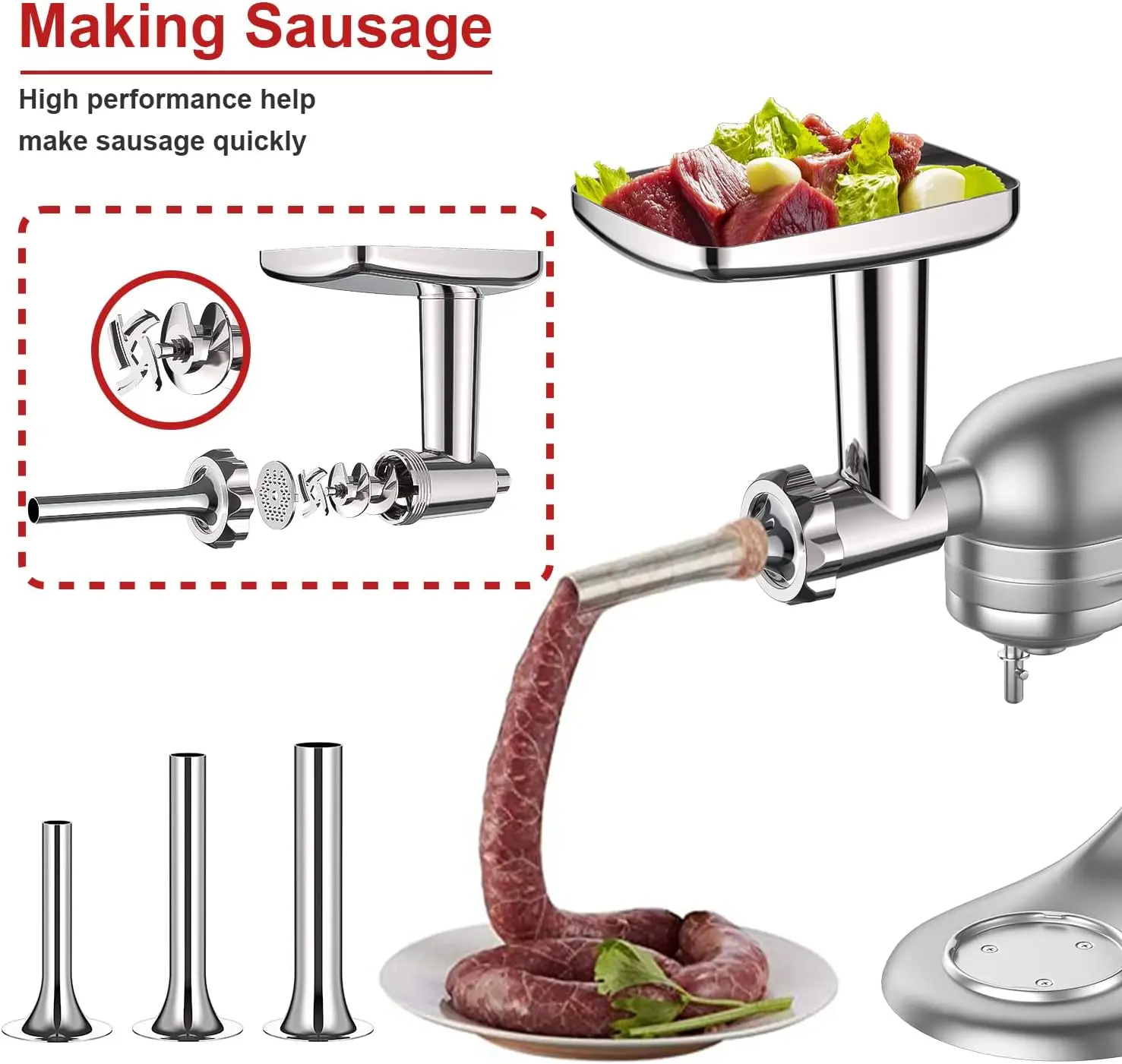 Stainless Steel Dishwasher safety Meat Grinder Attachment for Kitchenaid Mixer, Kitchenaid Meat Grinder with 3 Sausage Stuffer