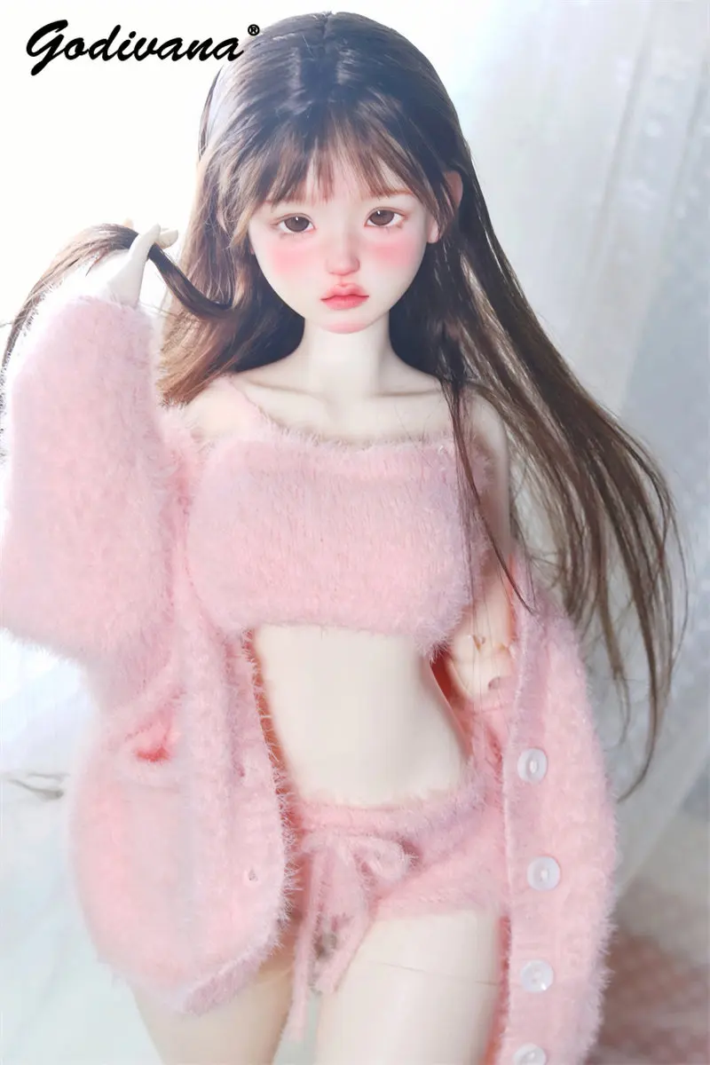 1/3 1/4 BJD Doll Clothes Sweet Coquette Fleece Soft Knitted Long Coat and Suspender Top with Shorts Three Pieces Daily Set
