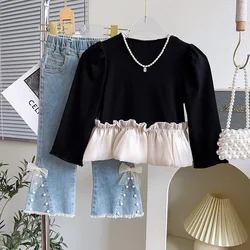 T-Shirt per ragazze autunno primavera camicia a maniche lunghe top pantaloni in Denim Jeans autunnali moda abbigliamento per bambini coreani Costume per bambini 2-7Yrs