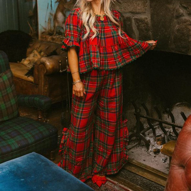 Setelan Loungewear Natal Wanita Combhasaki Motif Kotak-kotak Y2K Atasan Babydoll Lengan Mengembang Celana Lebar Berbelah Ruffle Piyama Natal Motif Gingham